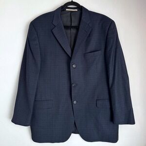 Burberry London Mens 44R Navy Blue Plaid 100% Wool Blazer Sport Jacket USA Made